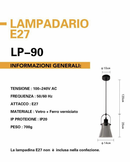 Lampadario a sospensione paralume in metallo e vetro porta lampadina E27 moderno LP-90