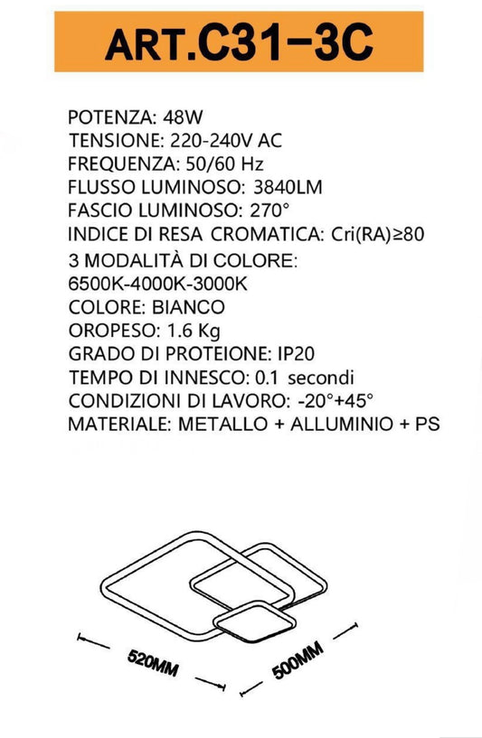 TEKHOME Plafoniera LED 48W Design Quadrato Sovrapposto Bianca Stile Moderno per Interni IP20 per Corridoio Soggiorno Camera da Letto C31-3C