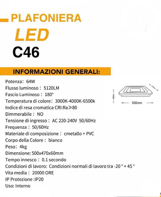 TEKHOME Plafoniera Lampadario da soffitto a led con Luci Design Stile Moderno Lampada 64W per Camera Cucina Salotto Locali Commerciali (Quadrato con Telecomando) C46