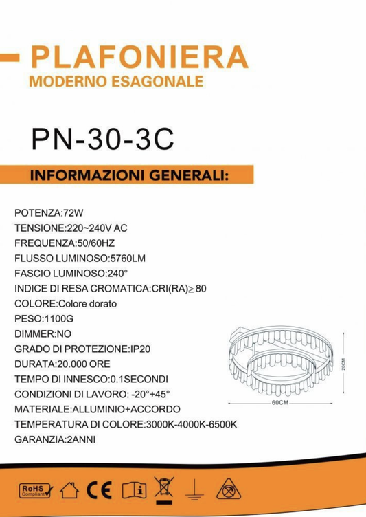 TEKHOME Plafoniera LED Moderna 72W Dimmerabile, Lampadario Soffitto con Cristalli, Design Rotondo a Doppio Anello, 5760LM, 3 Colori Selezionabili, Ø60cm, per Soggiorno Camera Cucina PN-30-3C