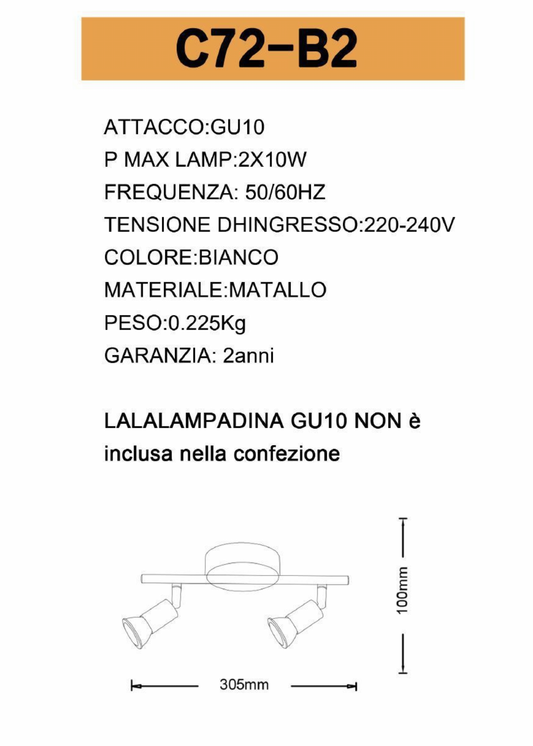 TEKHOME Faretto Moderno - 2 luce - H 100mm - Bianco - Moderno - Soggiorno I Camera da letto I Sala da Pranzo I Cucina C72-B2