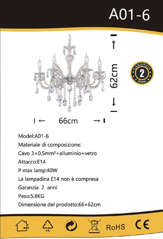 Lampadario in Cristallo 6 Luci E14 Stile Classico Elegante per Soggiorno e Sala da Pranzo Ø66cm – A01-6