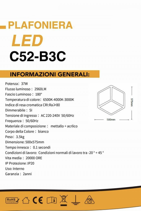 TEKHOME Plafoniera LED 3D Moderna 37W Dimmerabile con Telecomando, Luce Soffitto Geometrica a Forma di Cubo, 6500K-3000K, 2960LM, 50x57.5cm, Bianco, per Camera da Letto Soggiorno Corridoio C52-B3C