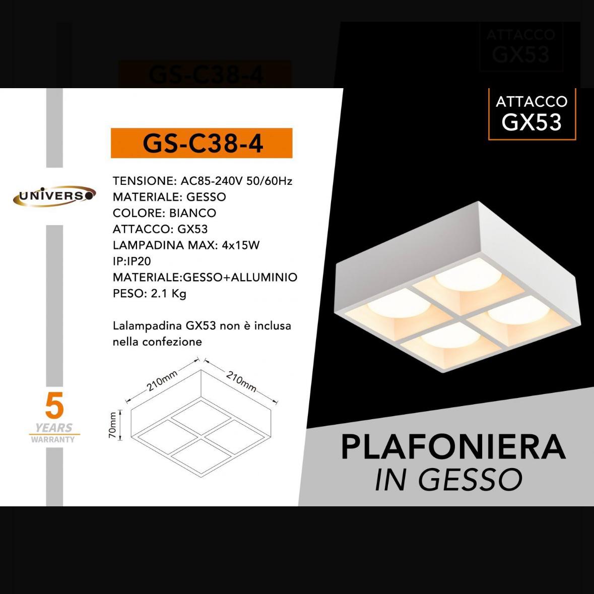 Plafoniera da Soffitto in Gesso Bianco a 4 Luci, Design Moderno Quadrato, Attacco GX53, per Cucina Corridoio Soggiorno, Lampadine Non Incluse – GS-C38-4