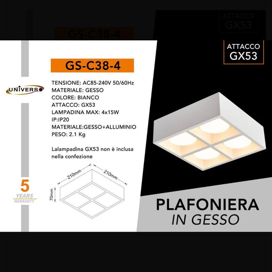 Plafoniera da Soffitto in Gesso Bianco a 4 Luci, Design Moderno Quadrato, Attacco GX53, per Cucina Corridoio Soggiorno, Lampadine Non Incluse – GS-C38-4