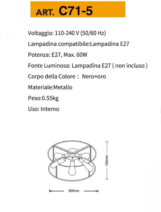 TEKHOME Ceiling Light Industrial Style Metal Lamp Black with 5 Gold Lamp Holder E27 Bedroom Living Room C71-5