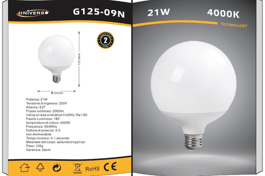 Lampadine LED E27 G125 21W, Confezione da 6 Pezzi, 2000LM, Globo Grande Ø125 mm, Naturale 4000K, CRI>80, Angolo 220°, Risparmio Energetico, Modello G125-09N