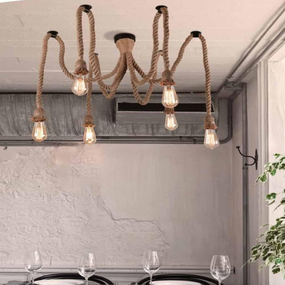 Lampadario ragno a sospensione 6 corde portalampada e27 lampada country retro arredamento rustico B59-6
