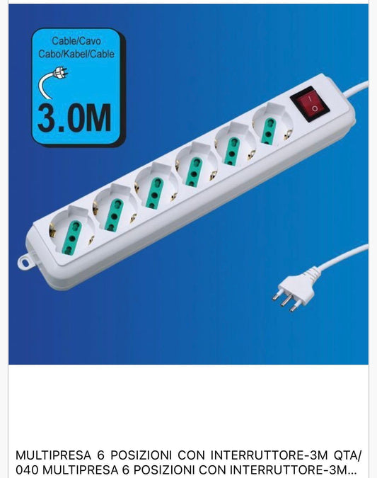 2 PezziMultipresa Bipasso Italiana 6 Posti con Interruttore, Spina 10A, Cavo Lungo 3 m, Presa Multipla per Casa e Ufficio, Colore Bianco – C-XSL3006-3M