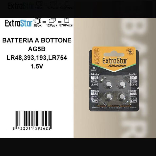 Pile a Bottone AG5 1.5V Alcaline – Batterie Equivalenti LR48 393 193 LR754 – per Orologi, Giocattoli e Piccoli Dispositivi Elettronici – Confezione da 12 Pack – AG5B