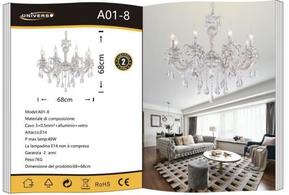 Lampadario Classico in Cristallo 8 Luci E14, Stile Elegante per Soggiorno e Sala da Pranzo, Ø68cm – A01-8