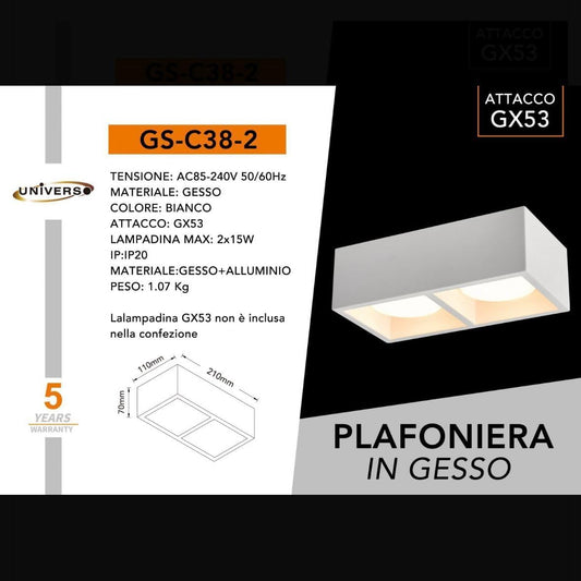 Plafoniera in Gesso da Soffitto Doppia, Attacco GX53, 2×15W Max, Verniciabile, IP20 – Bianco – GS-C38-2