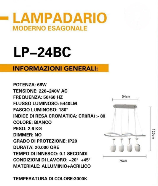 Lampadario Moderno Esagonale 68w LP-24BC