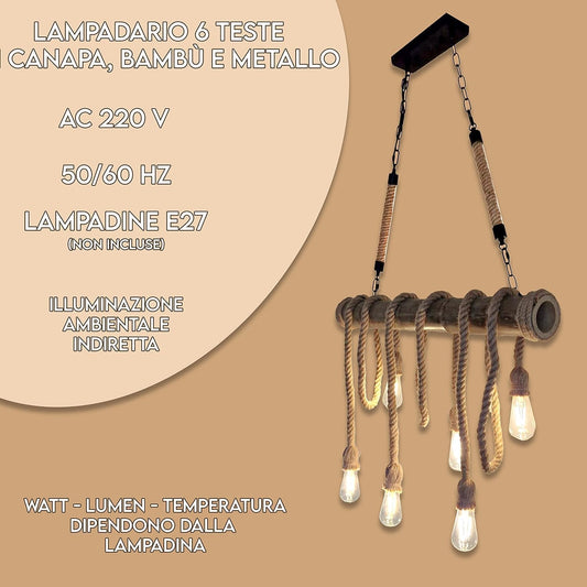 Lampadario Vintage Retro in Corda di Bambù con 6 Teste a Sospensione, Lampadario Corda Canapa Industriale E27 per Cucina Soggiorno Sala da Pranzo Bar Caffè Ristorante Pizzeria Locale B23-6