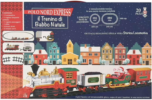 Polo Nord Express Trenino di Babbo Natale con Luci e Suoni | Locomotiva Natalizia Classica con Slitta di Babbo Natale, Binari, Effetti Luminosi e Sonori, 20 Pezzi, Giocattolo Natalizio 107005