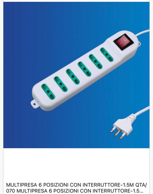 2 Pezzi Multipresa Italiana con Interruttore, Presa Multipla Bipasso 6 Posizioni 10/16A, Spina 16A, Cavo 1,5 m, Colore Bianco – C-X203070