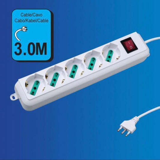 2 Pezzi Multipresa Bipasso Italiana 5 Posti con Interruttore, Spina 10A, Cavo Lungo 3 m, Presa Multipla per Casa e Ufficio, Colore Bianco– C-XSL3005-3M