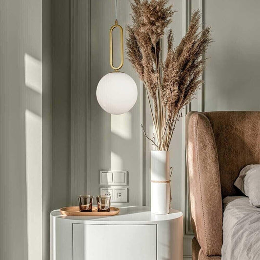 Lampadario a sospensione lampada moderna da soffitto con corpo in metallo color bronzo e sfera in vetro attacco per lampadina G9 (Oro, 1 Sfera struttura ovale) A96