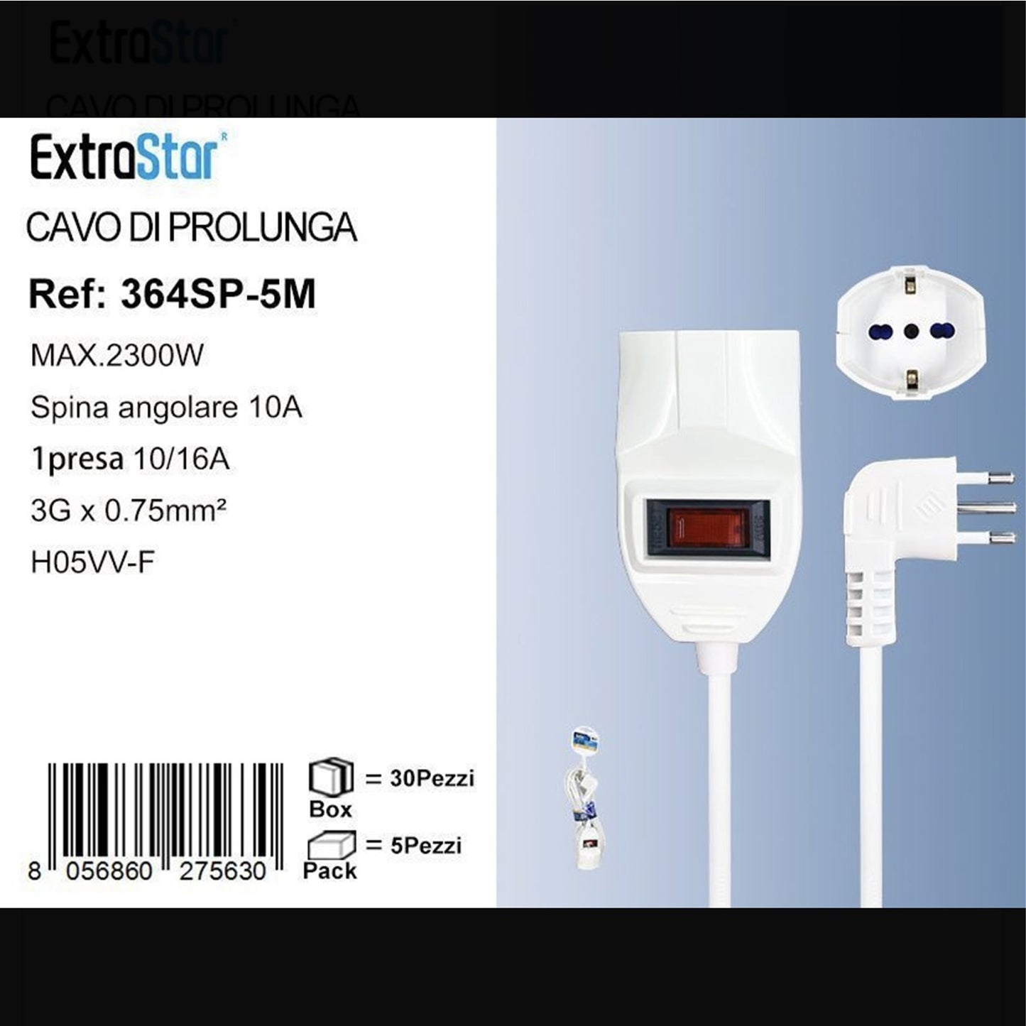 2 Pezzi Cavo di Prolunga 5m con Spina Angolare 10A e Presa Schuko 10/16A, Interruttore di Protezione, Cavo H05VV-F 3G 0,75mm², Bianco – 364SP-5M