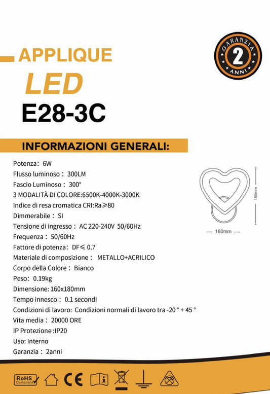 TEKHOME Applique da Parete LED Moderna 6W a Forma di Cuore, Lampada da Parete Bianca con 3 Colori Selezionabili 3000K/4000K/6500K, 300LM, per Camera da Letto, Soggiorno e Cameretta E28-3C