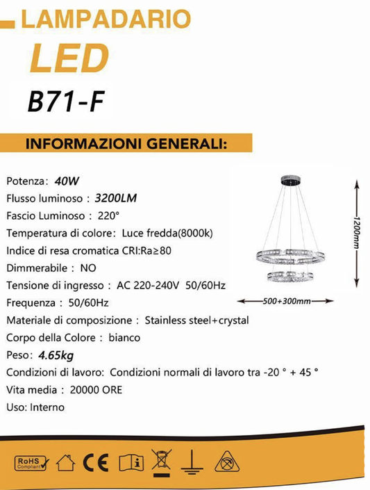 TEKHOME Lampadario a Sospensione Moderno con Cristalli,Lampadario LED Soffitto 40W 3200LM, Luce Fredda 8000K,Acciaio Inox e Cristallo, per Soggiorno Sala da Pranzo B71-F