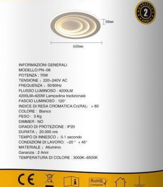 TEKHOME PLAFONIERA LUCE LED 70W ROTONDA LAMPADARIO A CERCHI BIANCO DOPPIA COLORAZIONE 3000K-6500K PN-08