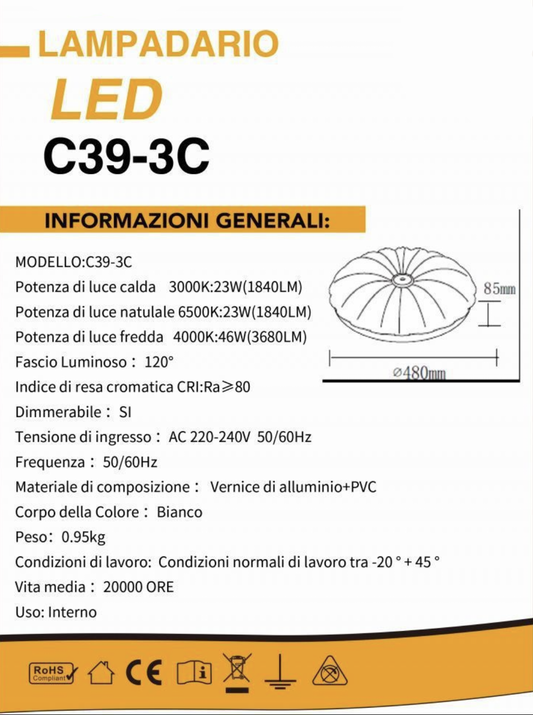 TEKHOME Plafoniera LED Soffitto Dimmerabile Ø48cm, 46W con Luce Calda/Naturale/Fredda, 3680LM, Design Elegante in PVC e Alluminio, per Camera da Letto, Salotto, Soggiorno – Modello C39-3C