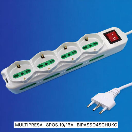 2 Pezzi Multipresa 8 Posizioni Bipasso 10/16A + Schuko con Interruttore, Spina Tipo L 16A, 230V, Bianca – X203081