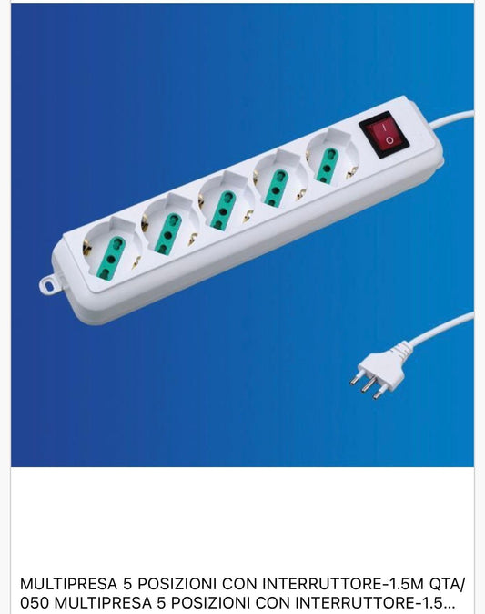 2 PezziMultipresa Bipasso Italiana 5 Posti con Interruttore, Spina 10A, Cavo 1,5 m, Presa Multipla per Casa e Ufficio, Colore Bianco– C-XSL3005