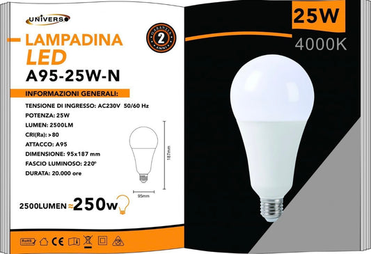 Lampadine LED E27 A95 25W 6 Pezzi, 2500LM, Naturale 4000K, Grande Formato A95, Alto Risparmio Energetico, Accensione Istantanea, Serie A95-25W