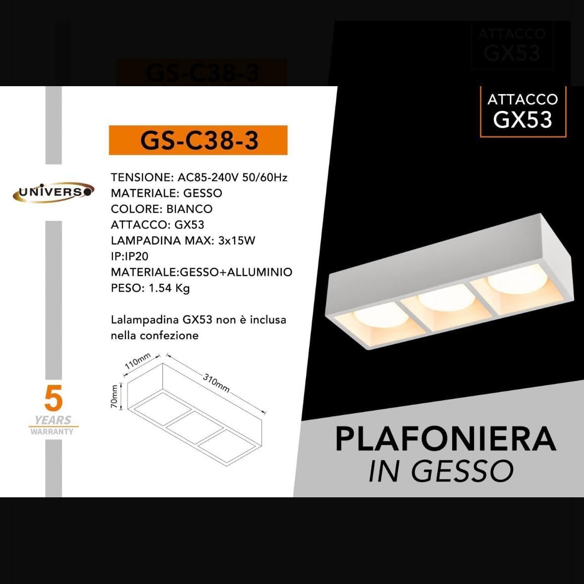 Plafoniera da Soffitto in Gesso Bianco a 3 Luci, Design Moderno Rettangolare, Attacco GX53, per Cucina Corridoio Soggiorno, Lampadine Non Incluse – GS-C38-3