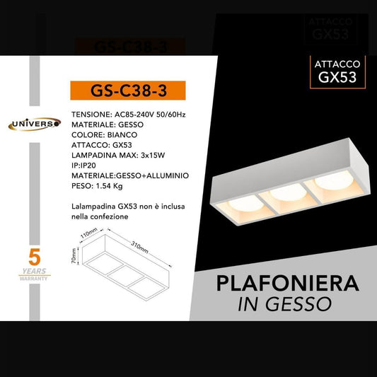Plafoniera da Soffitto in Gesso Bianco a 3 Luci, Design Moderno Rettangolare, Attacco GX53, per Cucina Corridoio Soggiorno, Lampadine Non Incluse – GS-C38-3