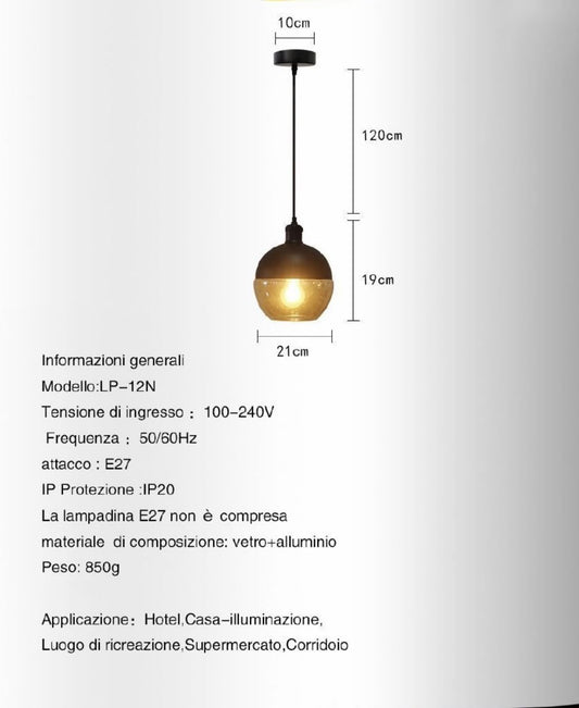 Lampadario a Sospensione Industriale LP-12N, Attacco E27, Altezza Regolabile 120 cm, Paralume in Vetro e Alluminio, Ø21cm, Stile Moderno per Casa, Hotel, Corridoio, Supermercato LP-12N