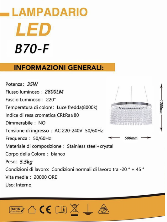 TEKHOME Lampadario a Sospensione Universo con Cristalli, Lampadario LED Soffitto 35W 2800LM, Luce Fredda 8000K, Acciaio Inox Bianco, per Soggiorno Classico B70-F