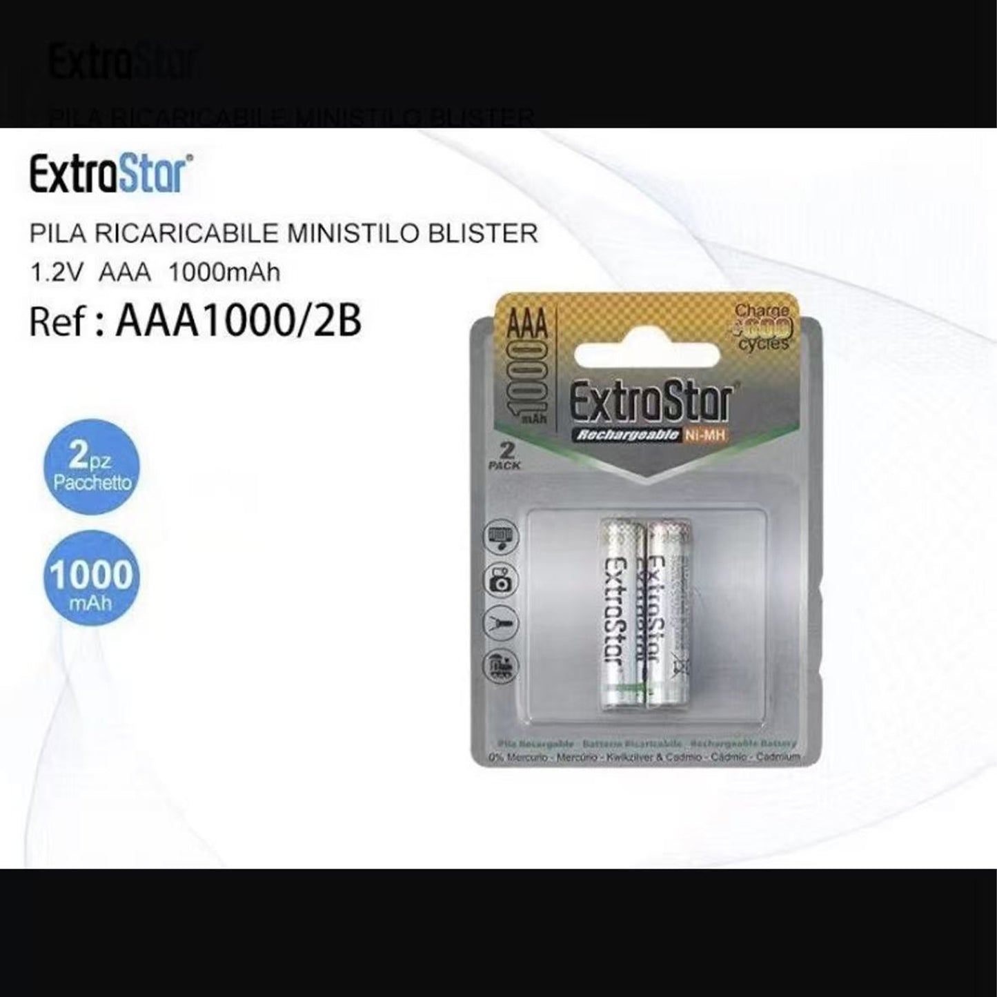 Batterie Ricaricabili AAA 1000mAh 1.2V Ni-MH – Pile Ministilo per Telecomandi, Mouse, Tastiere e Giocattoli – 12 Pezzi (6 Confezioni da 2) – AAA1000-2B
