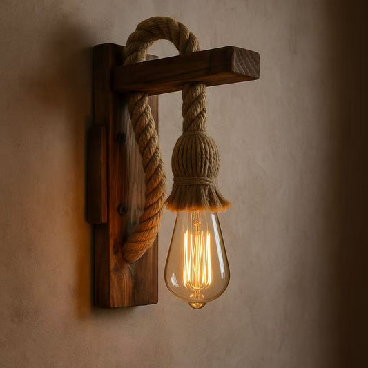 TEKHOME Applique da Muro in Legno con Corda, Portalampada E27 Vintage, Lampada da Parete Rustica Industriale per Soggiorno, Camera, Corridoio, Ristorante e Bar-E70