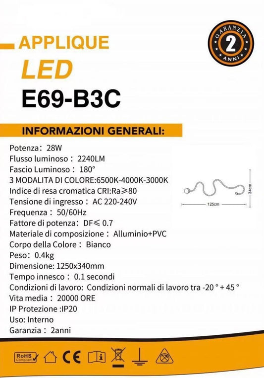 TEKHOME Applique da Parete LED Moderna 28W, Bianco, 3 Colori 3000K-6500K, Design Artistico Ondulato, Lampada da Muro Interni per Soggiorno, Camera e Corridoio – E69-B3C