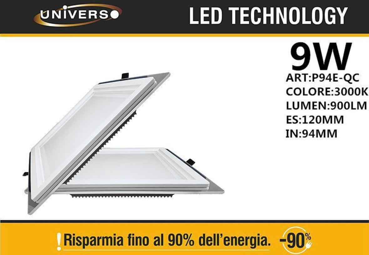 Pannello LED da Incasso Quadrato 9W 900LM 3000K Luce Calda, Faretto LED da Soffitto 120x120mm, Foro 94x94mm, Pannello da Incasso per Cartongesso, 1 Pezzo, P94E-QC