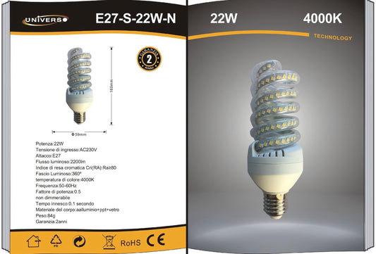 Lampadine LED E27 22W, Confezione da 10 Pezzi, 2200LM, 3000K/4000K/6500K, Luce Calda, Naturale e Fredda, Lampadina LED a Spirale, CRI>80, Illuminazione 360°, Risparmio Energetico, E27-S-22W