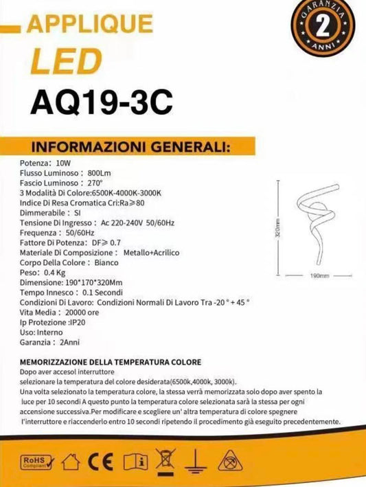 TEKHOME Applique LED Moderna 10W Design Creativo | 3 Colori 3000K-6500K | Lampada da Parete Bianca in Metallo e Acrilico | Illuminazione da Interno per Soggiorno, Camera da Letto, Corridoi AQ19-3C