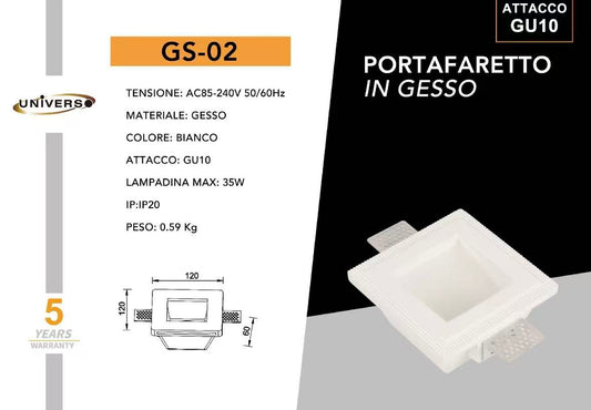 Portafaretto da Incasso in Gesso GU10 Quadrato – Verniciabile, Incasso a Scomparsa, Supporto Faretto per Cartongesso, Max 35W, Bianco GS-02