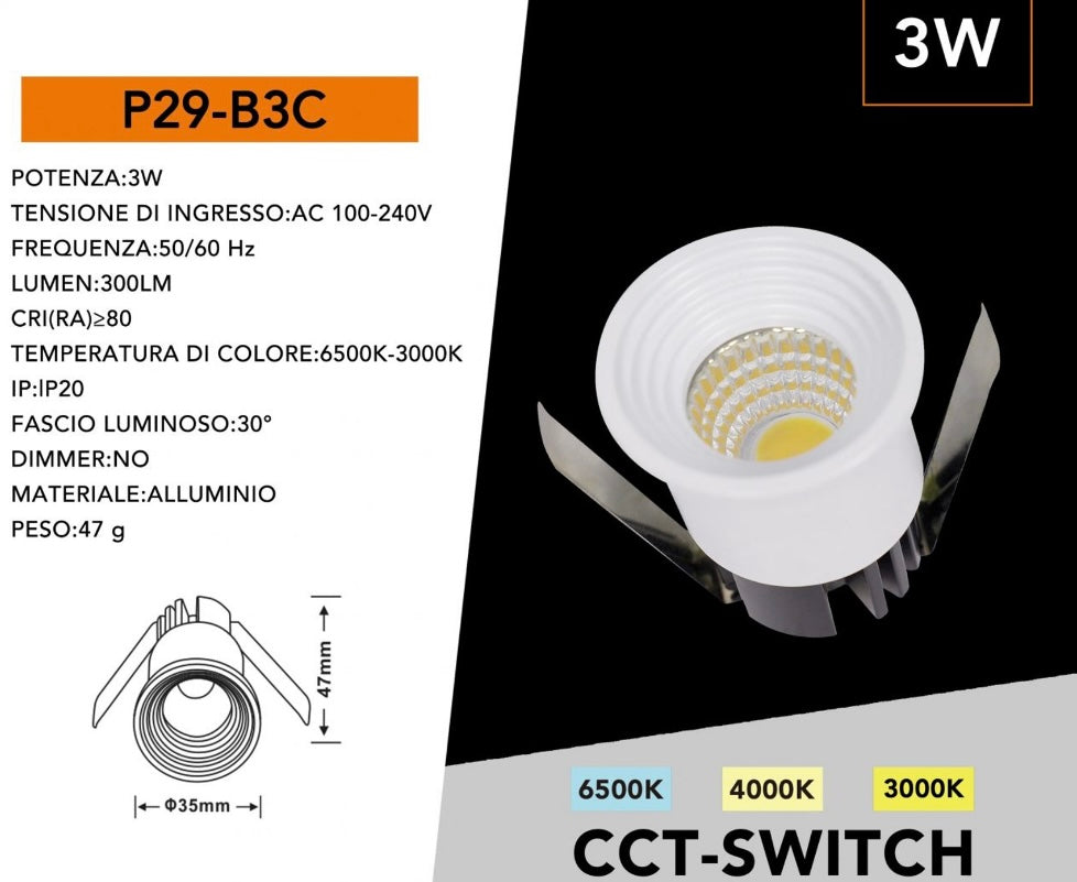 5 Pezzi Mini Faretto LED da Incasso 3W CCT Switch 3000K/4000K/6500K, Foro Ø35 mm, 300 lm, CRI≥80, Fascio 30°, Faretto Rotondo da Soffitto in Alluminio per Cartongesso, Bianco/Argento, P29