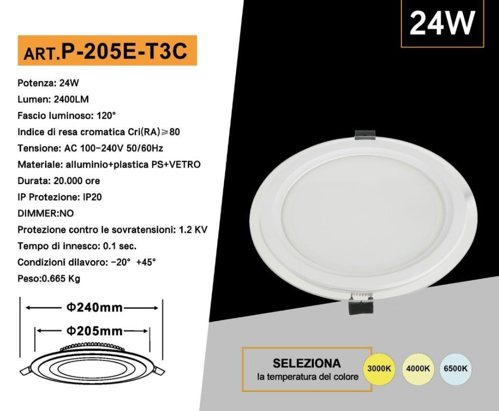 Pannello LED da Incasso Rotondo 24W 2400LM, 3 Temperature Colore Selezionabili 3000K 4000K 6500K, Faretto LED Ø240mm, Foro Ø205mm, Fascio 120°, CRI≥80, IP20, 1 Pezzo, P-205E-T3C