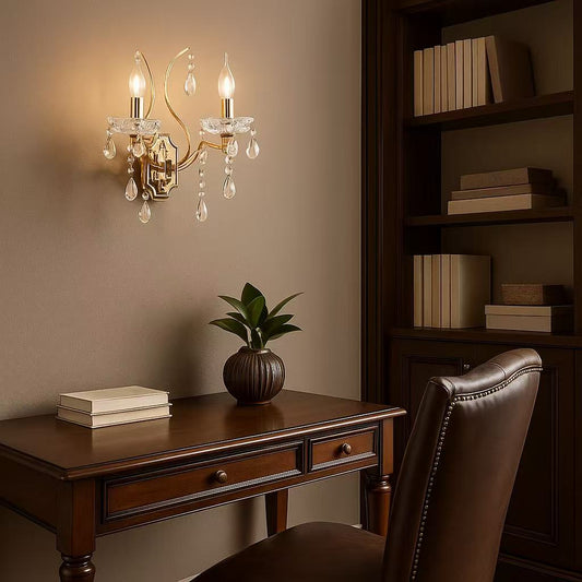 Applique da Parete Classica in Cristallo, 2 Luci E14, Lampada da Muro Elegante per Soggiorno Camera da Letto Corridoio, Stile Vintage – E68-2