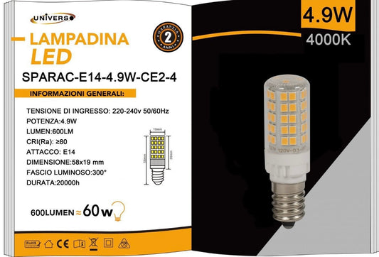 Lampadine LED E14 4.9W 600LM 4000K, 10 Pezzi, Luce Naturale, Formato Compatto 19x58mm, 220-240V, SPARAC-E14-4.9W-CE2-4