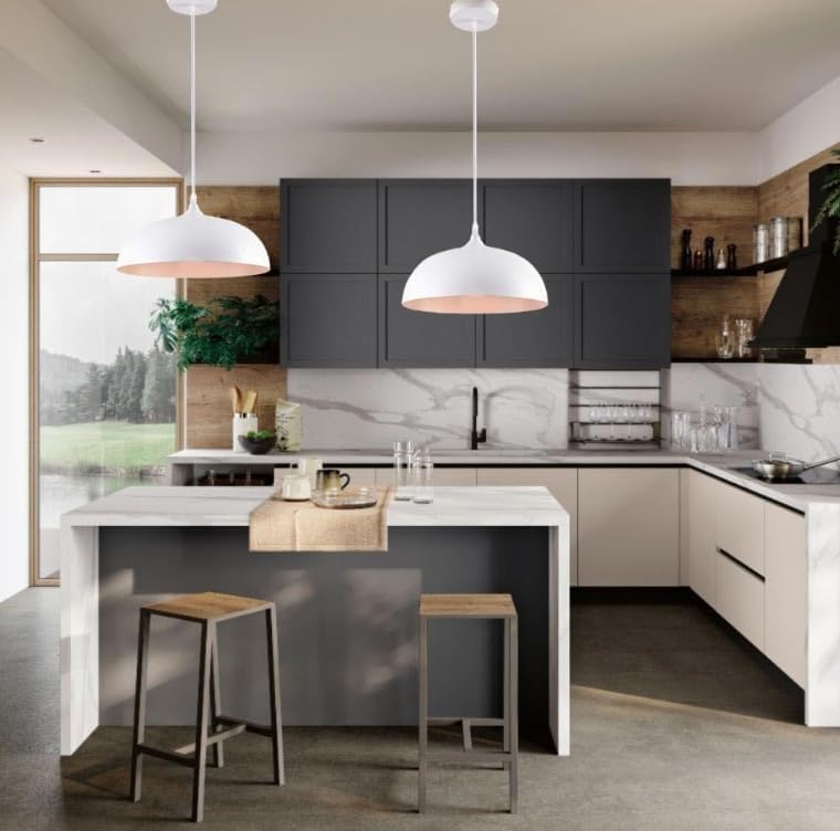 Lampadario a sospensione stile contemporaneo in metallo pendente a cupola attacco E27 luce tavolo cucina di colore nero o bianco Ø35 cm B90