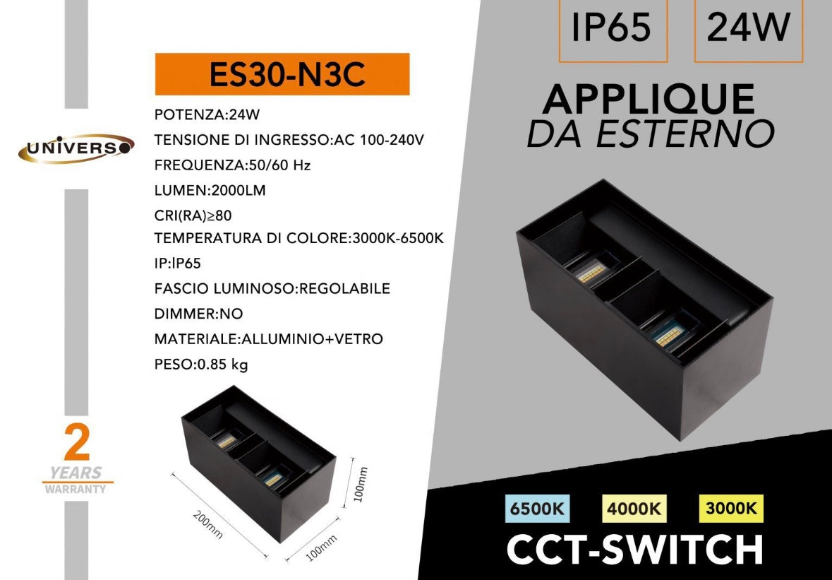 Applique LED Da Esterno 24W IP65 CCT 3000K-6500K – Modelli – Lampada da Muro Impermeabile Luce Regolabile per Giardino, Facciata, Ingresso ES30-3C