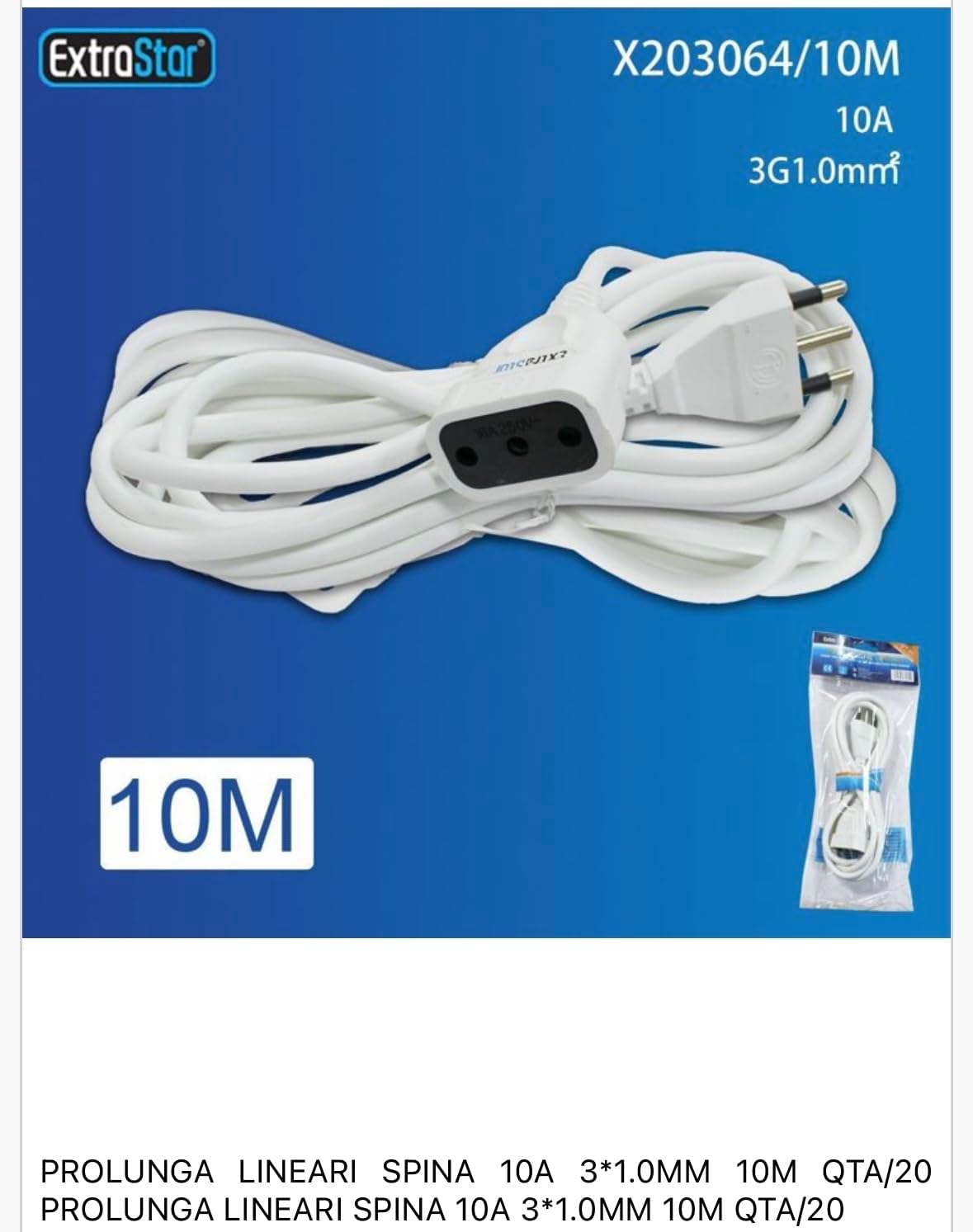 Prolunga Elettrica Lineare 10 Metri, Spina Italiana 10A, Cavo 3G1.0 mm², Presa Singola per Uso Domestico e Professionale, Bianca – C-X203064-10M