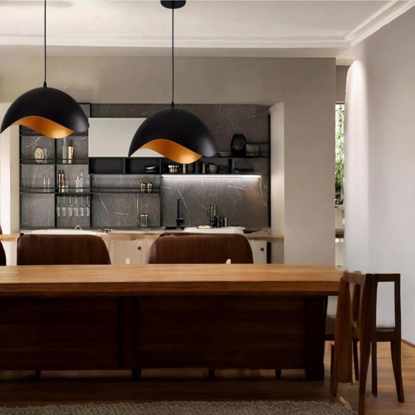 Lampadario Sospeso E27 Moderno a Forma di Conchiglia, Regolabile, Design Minimalista per Cucina, Soggiorno e Camera da Letto (Nero e dorato) A23-N