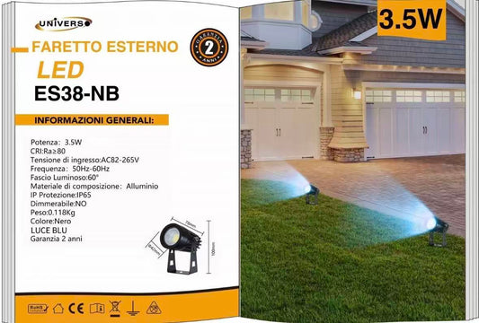 Faretto LED da Esterno 3,5W IP65, Luce Blu, Spot da Terra per Giardino e Facciata, Corpo in Alluminio Nero, Illuminazione Decorativa Outdoor – ES38-NB